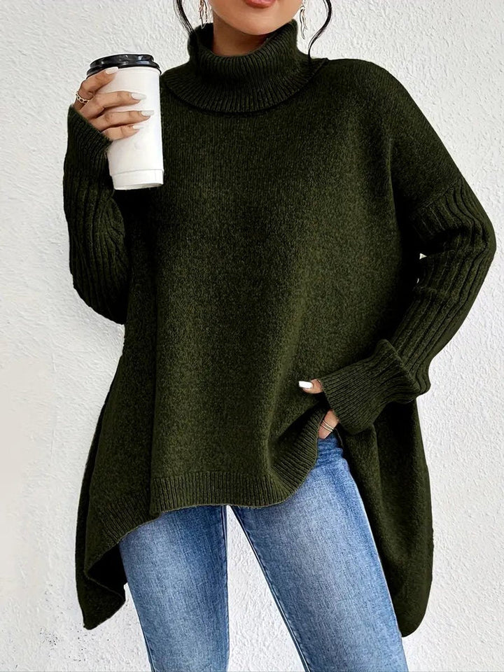 Mia | Women's Oversized Ribbed-Trim Turtleneck Sweater High-Low Hem