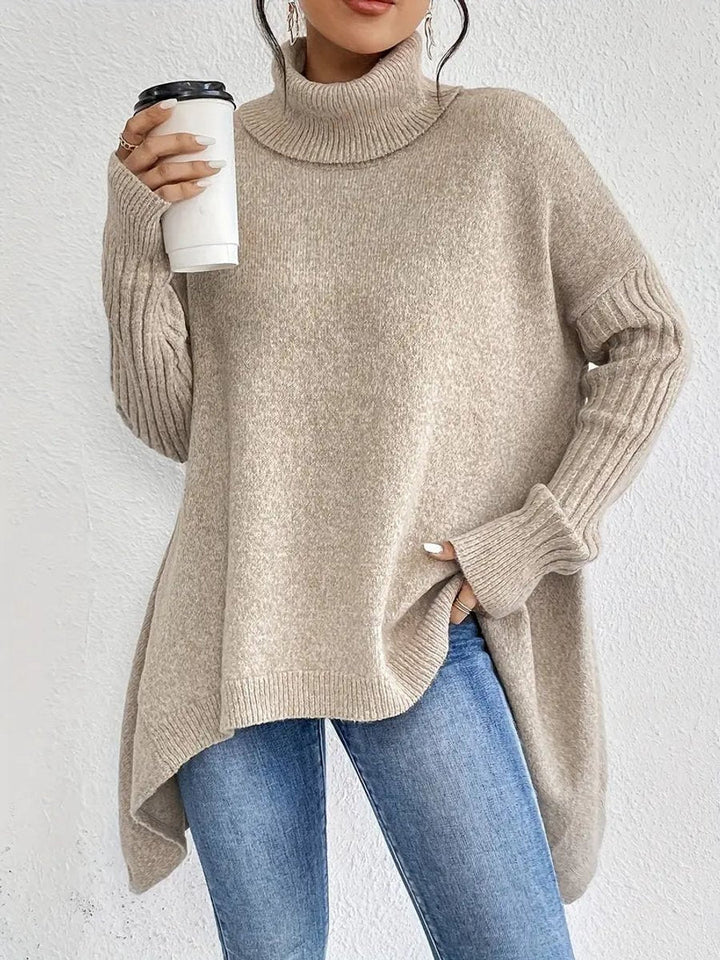 Mia | Women's Oversized Ribbed-Trim Turtleneck Sweater High-Low Hem