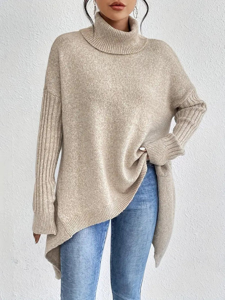Mia | Women's Oversized Ribbed-Trim Turtleneck Sweater High-Low Hem