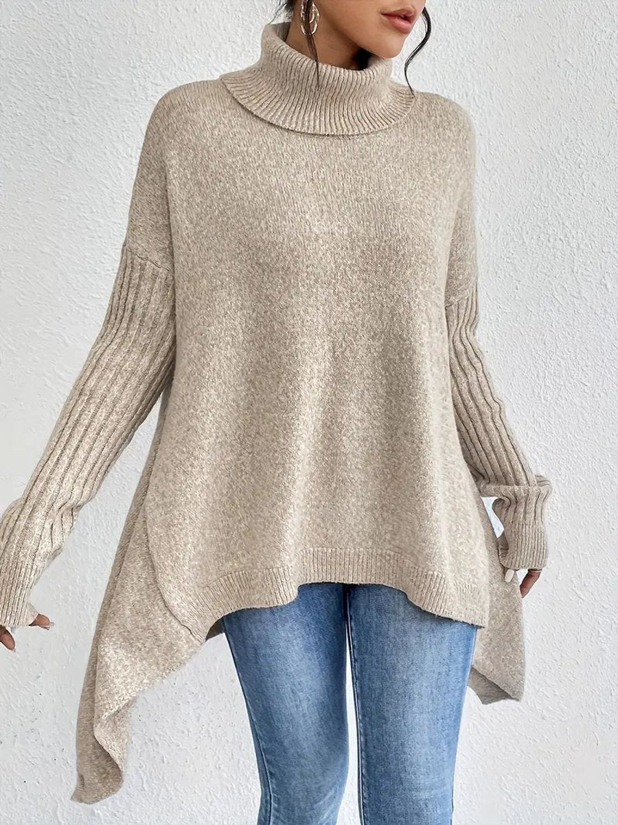 Mia | Women's Oversized Ribbed-Trim Turtleneck Sweater High-Low Hem