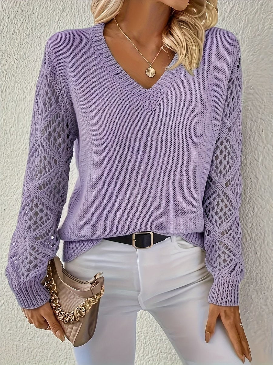 Amelia | Women's V-Neck Hollow-Sleeve Pullover Knit Sweater