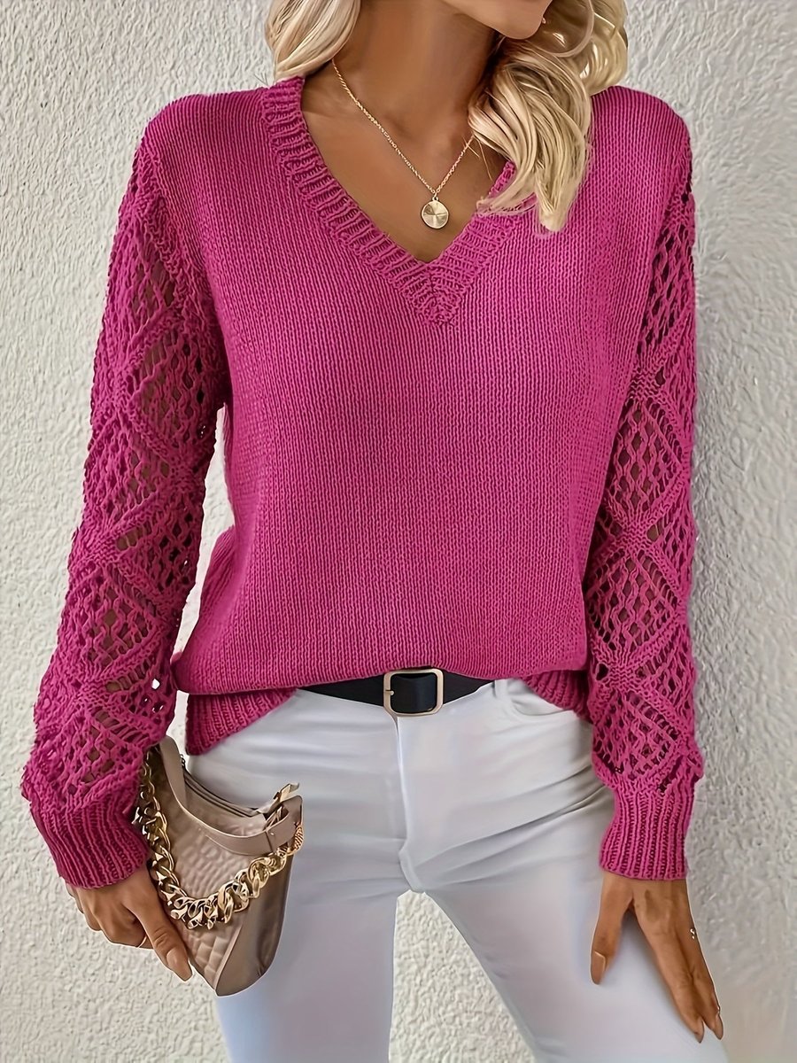 Amelia | Women's V-Neck Hollow-Sleeve Pullover Knit Sweater