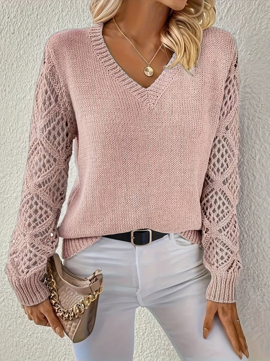 Amelia | Women's V-Neck Hollow-Sleeve Pullover Knit Sweater