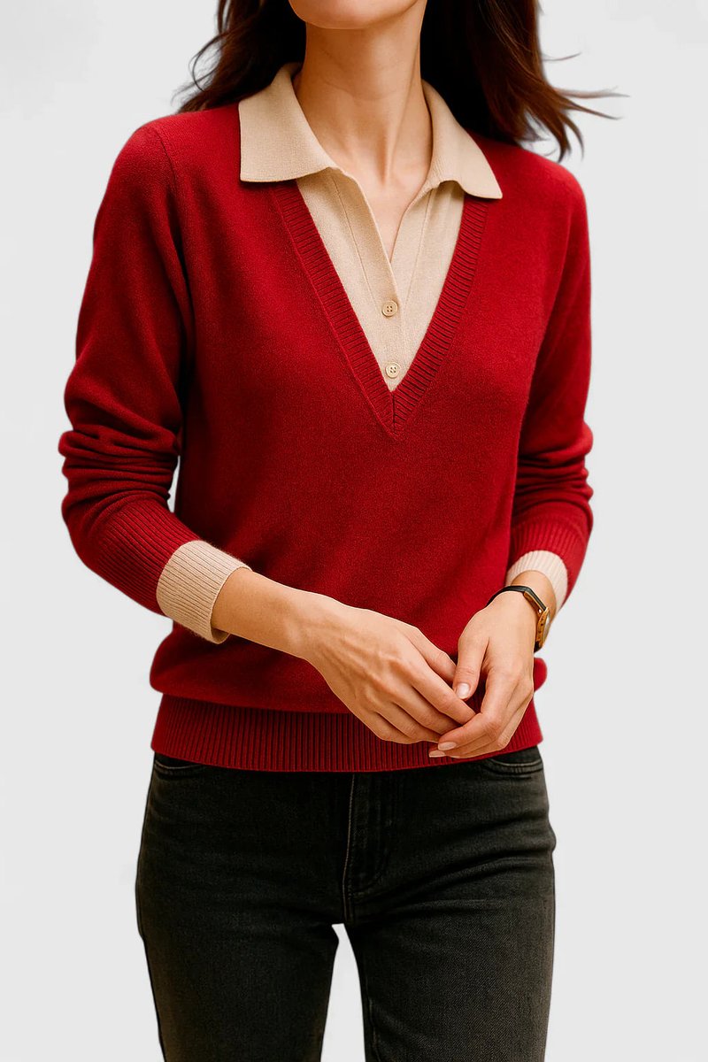 Camila | Women's V-Neck Polo Collar Knit Pullover Sweater