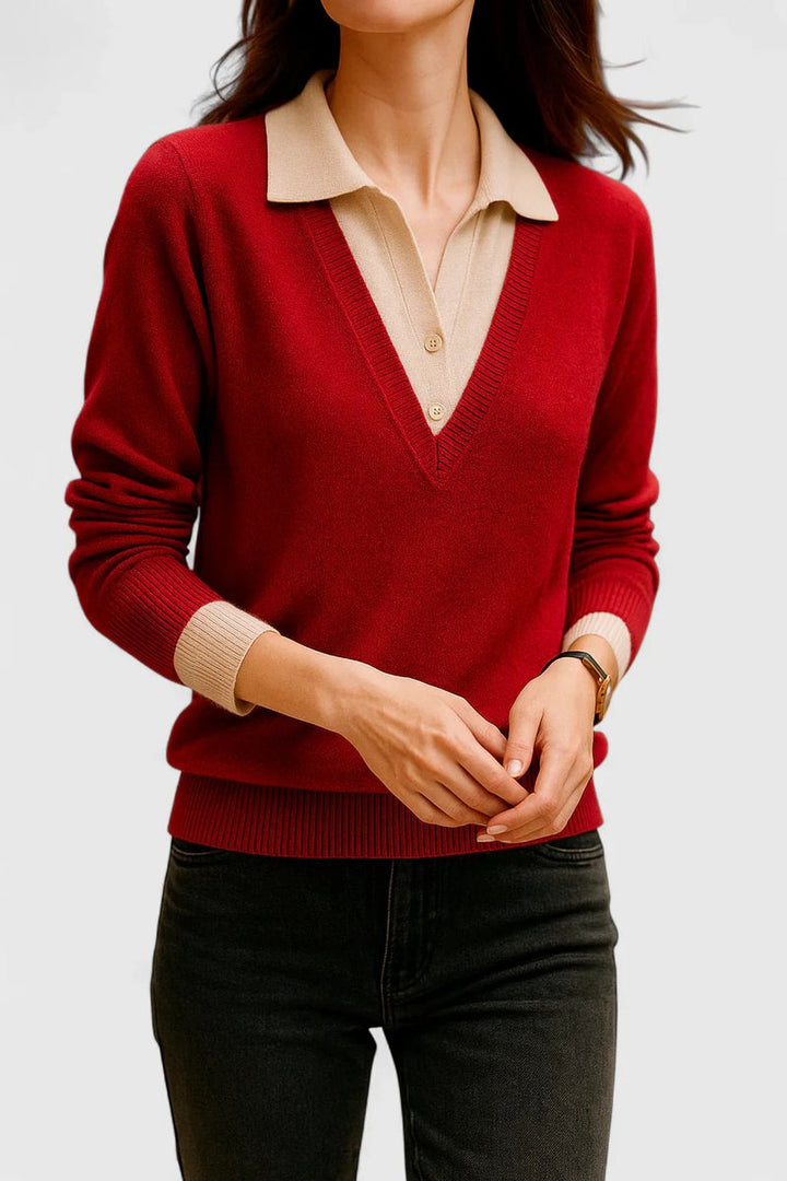 Camila | Women's V-Neck Polo Collar Knit Pullover Sweater