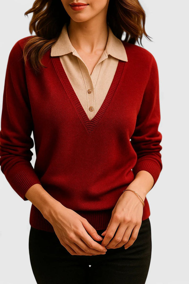 Camila | Women's V-Neck Polo Collar Knit Pullover Sweater