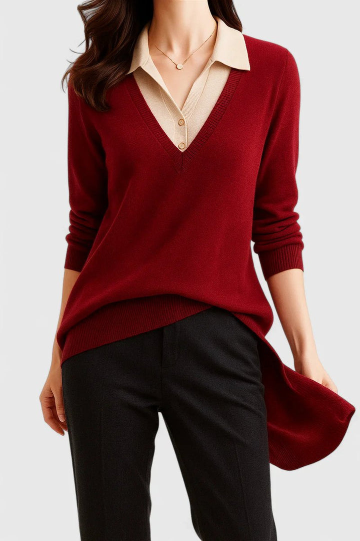 Camila | Women's V-Neck Polo Collar Knit Pullover Sweater