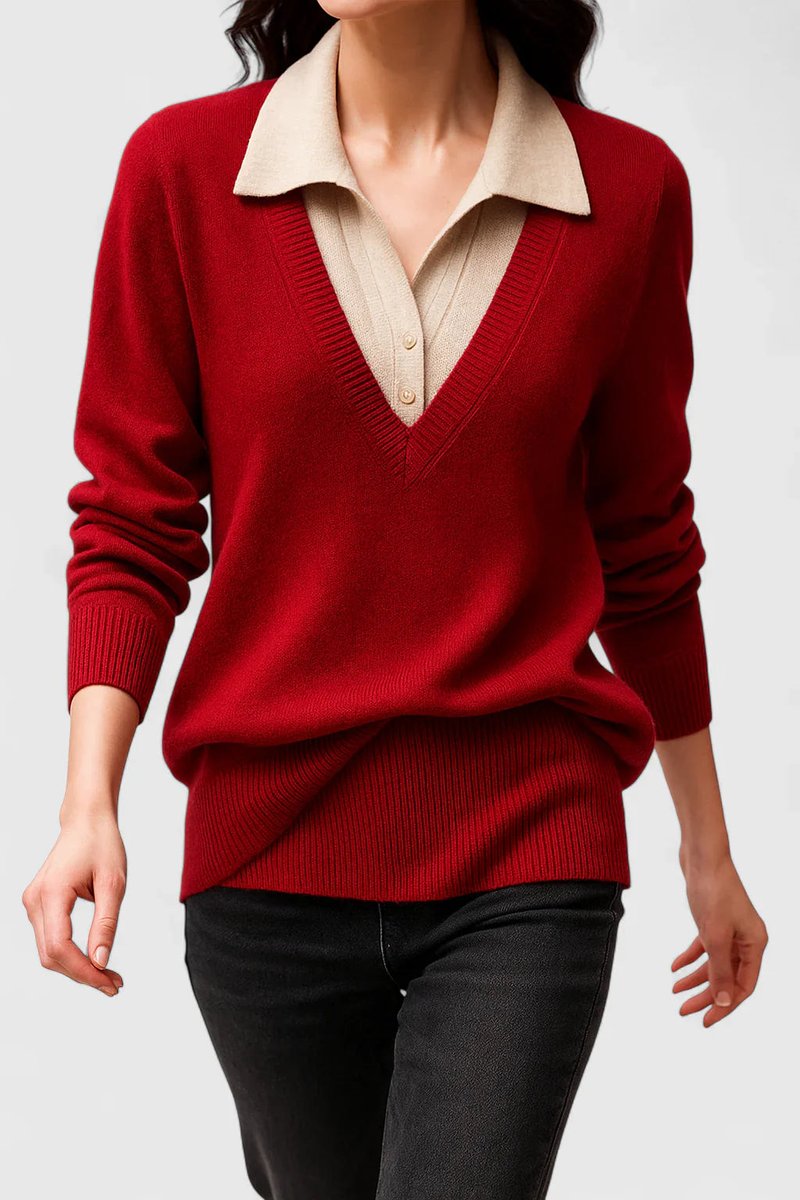 Camila | Women's V-Neck Polo Collar Knit Pullover Sweater
