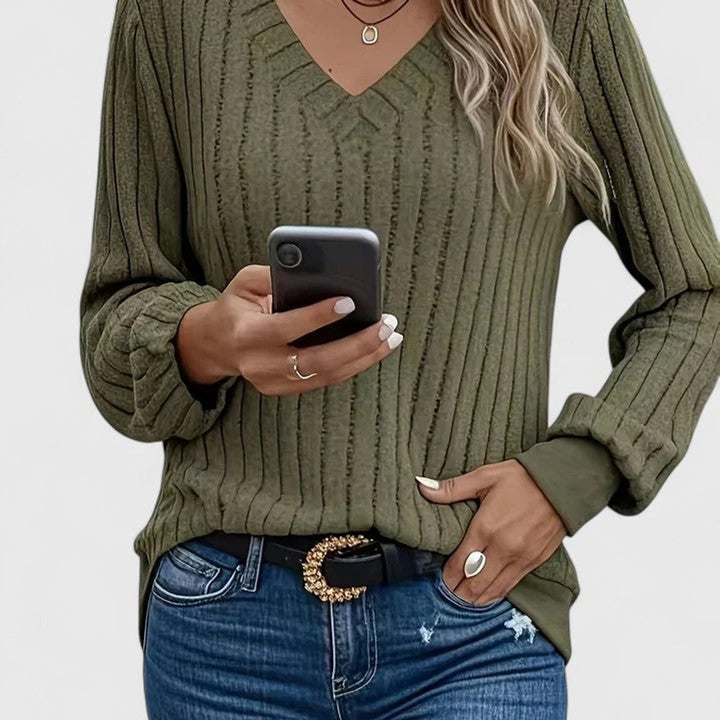Penelope | Women's V-Neck Ribbed Cable Knit Sweater Long Sleeve Pullover