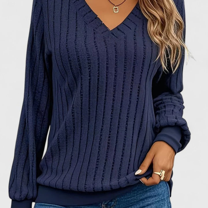 Penelope | Women's V-Neck Ribbed Cable Knit Sweater Long Sleeve Pullover