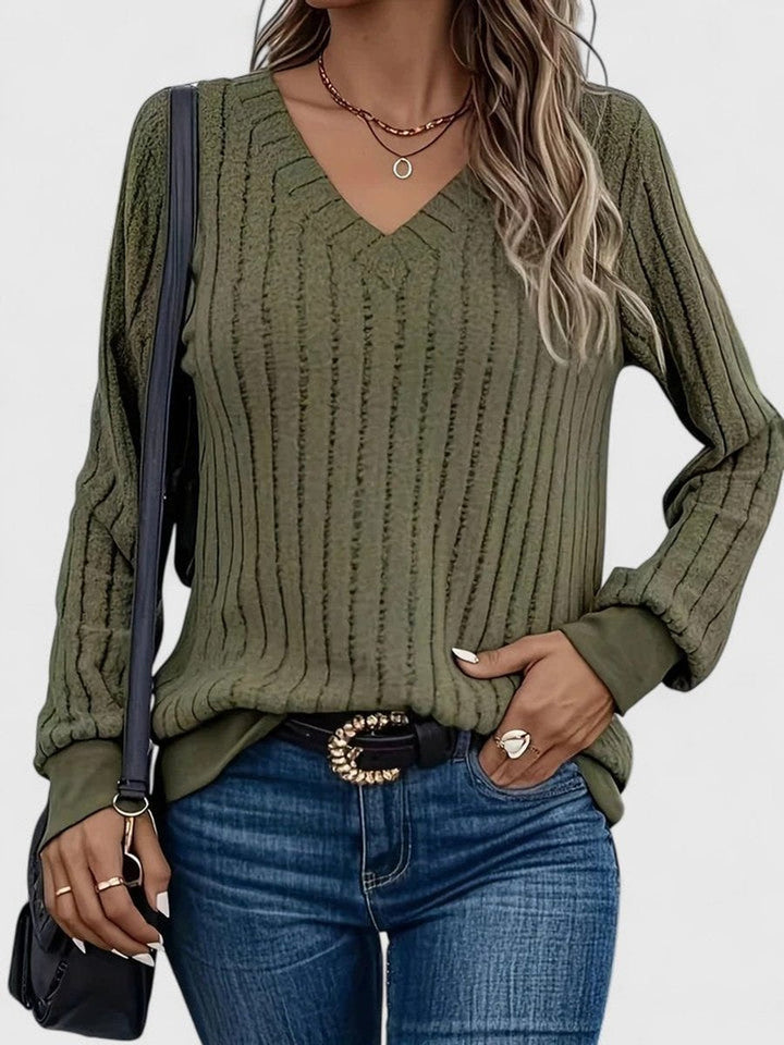Penelope | Women's V-Neck Ribbed Cable Knit Sweater Long Sleeve Pullover